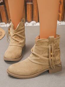 XfxfA Pair Of Fashionable Short Boots With Tassel, Bead, And Pleated Pile, Suitable For Commuting/Daily Travel. - Khaki - View 6