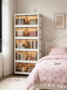 1pc 40cm-50cm Wide Foldable Storage Cabinet Organizer Rack, No Assembly Required, Multi-Layer Portable Wardrobe For Living Room Bedroom Clothes Toys Storage Space-Saving - Transparent Tea - View 6