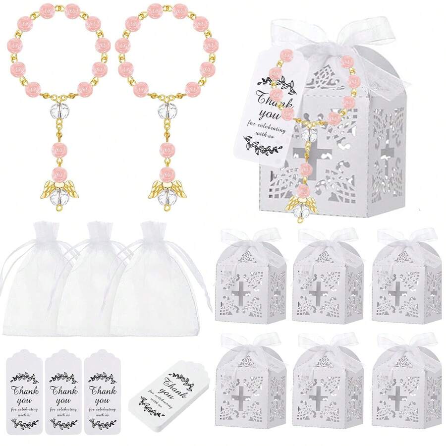 4/20/40/60/80/120pcs Holy Communion Blessing Set, Includes Mini Prayer Beads, Gift Box, Fabric Bag And Card, Suitable For Baptism And Wedding Gifts - View 1