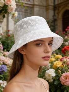 1pc Women's Summer Lace Bubble Flower Foldable Sun Protection Bucket Hat, White Fashionable Versatile Exquisite Breathable Hollow Out Bucket Hat - Multicolor - View 2