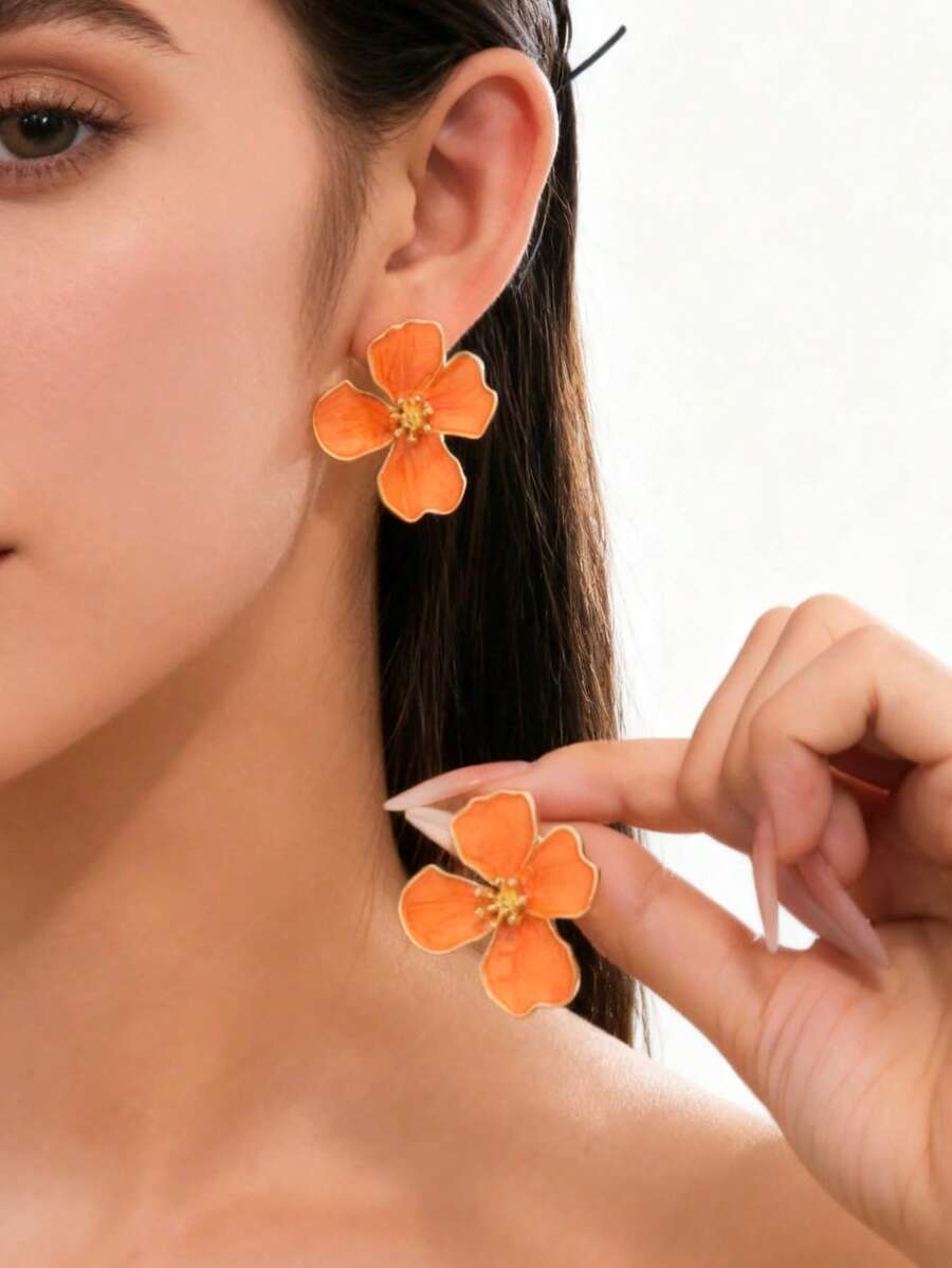 1 Pair Orange Ombre Metal Drippy Asymmetric Earrings, Suitable As Wedding Gift For Women - Orange - View 1