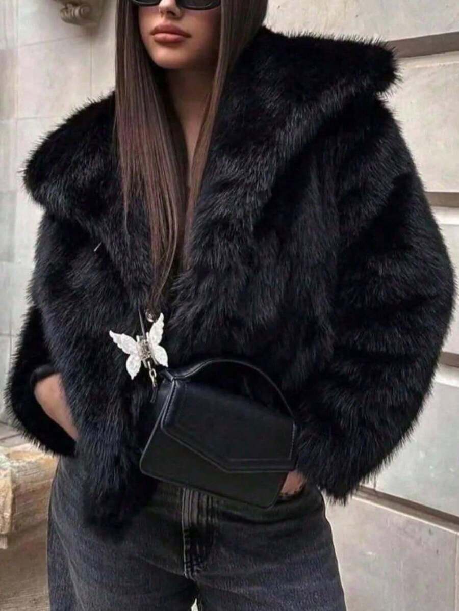 DEEKA 秋冬新款加厚仿狐狸毛人造毛中長短版外套夾克,適合年輕女性 - 黑色3 - 查看 1