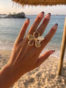 1pc Bohemian Vacation Style Raffia Flower Open Ring, Women's Commute & Travel Versatile White & Coffee Jewelry - White Coffee Color - View 1