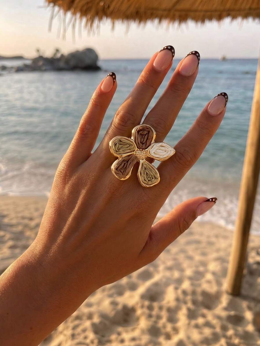 1pc Bohemian Vacation Style Raffia Flower Open Ring, Women's Commute & Travel Versatile White & Coffee Jewelry - White Coffee Color - View 1