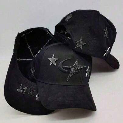 Gorra de béisbol negra con estrellas y lunas bordadas con lentejuelas, visera de gamuza, sombrero de sol ajustable.