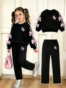 Young Girl Ribbon Bow Decor Round Neck Long Sleeve Top And Pants - Black - View 6