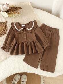 2pcs Baby Girl Mori Style Vintage Brown Peter Pan Collar Long Sleeve Top & Matching Loose Wide Leg Pants Set, Lightweight For Spring/Autumn - Coffee Brown - View 1
