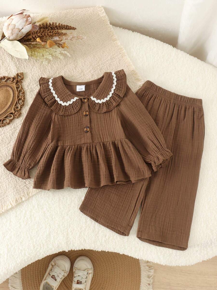 2pcs Baby Girl Mori Style Vintage Brown Peter Pan Collar Long Sleeve Top & Matching Loose Wide Leg Pants Set, Lightweight For Spring/Autumn - Coffee Brown - View 1