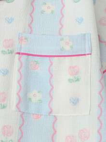 Floral & Heart Print Short Sleeve & Shorts Women's Pajama Set - Blue - View 4