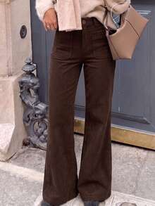 Women's High Waist Corduroy Flare Pants, Single Button Front, Square Patch Pockets, Solid Color Retro Casual Long Pants - Brown - View 6