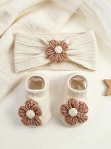 3pcs Baby Milk Coffee Sunflower Nylon Headband & Solid Color Anti-Slip Short Socks Cute Soft Set - Multicolor - View 2