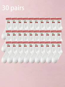 1/3/5 Pairs 3D Printed Cherry Pattern Mid-Calf Socks, Colorful Red Striped Ribbed Splicing Details, Soft And Skin-Friendly - Red - View 16
