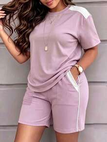 Women's Casual Round Neck Short Sleeve Top And Shorts Set, With Pockets, Slightly Elastic Fabric - Mauve Purple - View 3