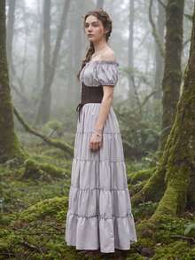 Women's Elegant Boho Gothic Two-Piece Outfit, Waistband And Off-Shoulder Puff Sleeve Tiered Ruffle Hem Long Skirt, Casual Party For Fall,Halloween. - 灰色+棕色 - 查看 4