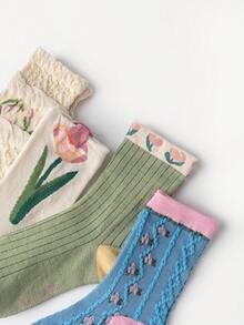 1/4 Pairs Multi-Color All-Season Moisture-Wicking Breathable Soft Skin-Friendly Odor-Resistant Tulip Forest Floral Mid-Calf Socks - Multicolor - View 3