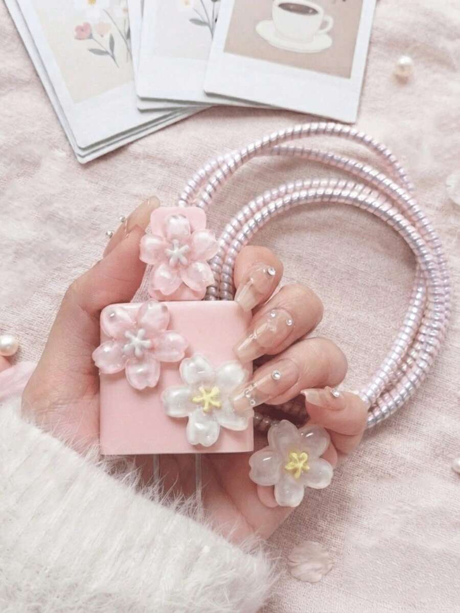 1 Set Pink & White Jelly Sakura Data Cable Protector, Laser Tube Anti-Tangle & Pet-Bite Resistant, 3D Dual-Color Sakura Cable Sleeve For Dorm, Car, Cafe Charging, Compatible With Apple 18W/20W Fast Charger, Sweet Girl Aesthetic Digital Accessory, Spring Gift For Girls And Best Friends - Three-dimensional Pollen Method - View 1