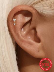 1pc 925 Sterling Silver Heart-Shaped Flat Back Stud Earrings, 18K Gold Plated, Hypoallergenic, Suitable For Cartilage, Helix, Lobe, Daily Wear - Gold - View 1