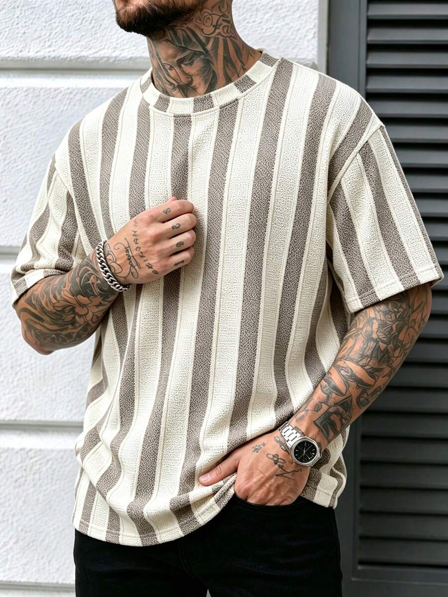 Men's Plus Size Textured Vertical Stripe Knit T-Shirt, Loose Casual Crew Neck Short Sleeve Streetwear Daily Vacation Style - Khaki - View 1