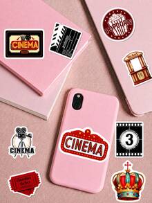 50Pcs Retro Cinema Decor Stickers, Hand-Drawn Illustrations Of Film Reel, Popcorn Bucket, Projector, Clapperboard And Vintage Theater Sign, For Journal, Water Bottle, Luggage, Retro Movie Theme Party DIY Decor - 7*6*1 - View 7