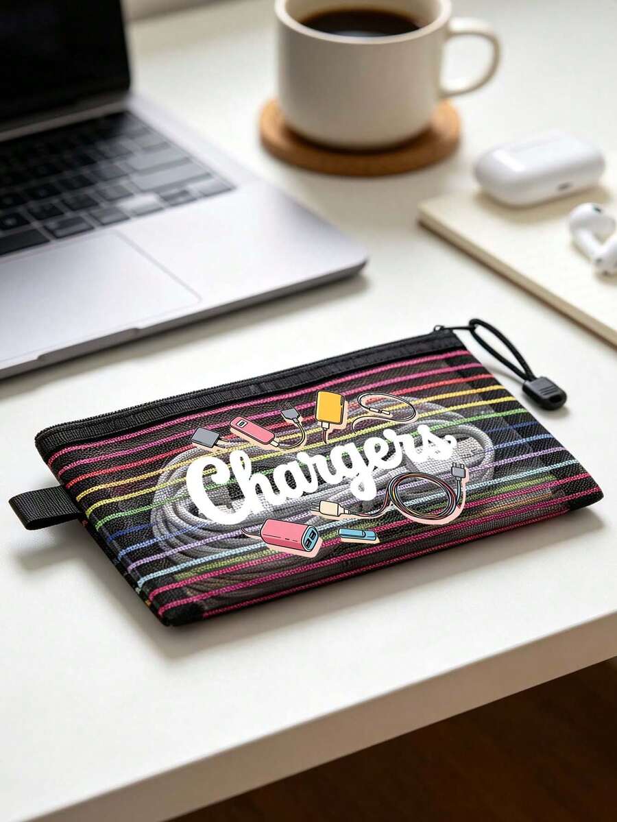 Colorful Striped Mesh Digital Bag, Charger Pattern, Charger Storage Bag, Data Cable Organizer Bag, Mesh Zipper Bag, Lightweight Cable Storage Bag, Multi-Functional Storage Bag, Store Data Cables, Chargers, Earphones, Travel Supplies, Keep Your Cables Organized, Compact And Portable, Suitable For School, Office, Travel, Perfect Birthday Gift, Party Gift, Back To School Gift - Multicolor - View 1