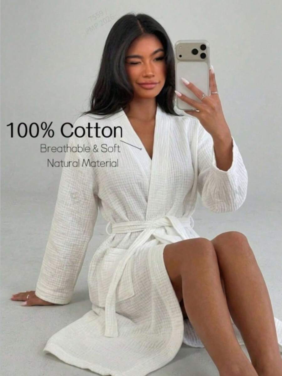 Women's Summer Morning Robe, 100% Pure Cotton, Casual Loungewear, Loose And Comfortable, With Pockets And Waist Tie, Comfortable Set, Suitable For Summer, Autumn And Winter - White - View 1