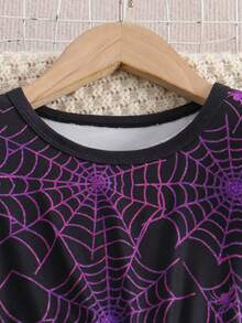Halloween Girls Toddler Dress, Cute Casual Purple Spider Web Print Petal Sleeve Short Sleeve Round Neck Mesh Patchwork Dress - Purple - View 5