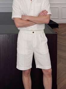 Men's Linen Blend Pleated Bermuda Shorts, Knee Length Straight Leg Matching Co-Ord Shorts - Apricot - View 6