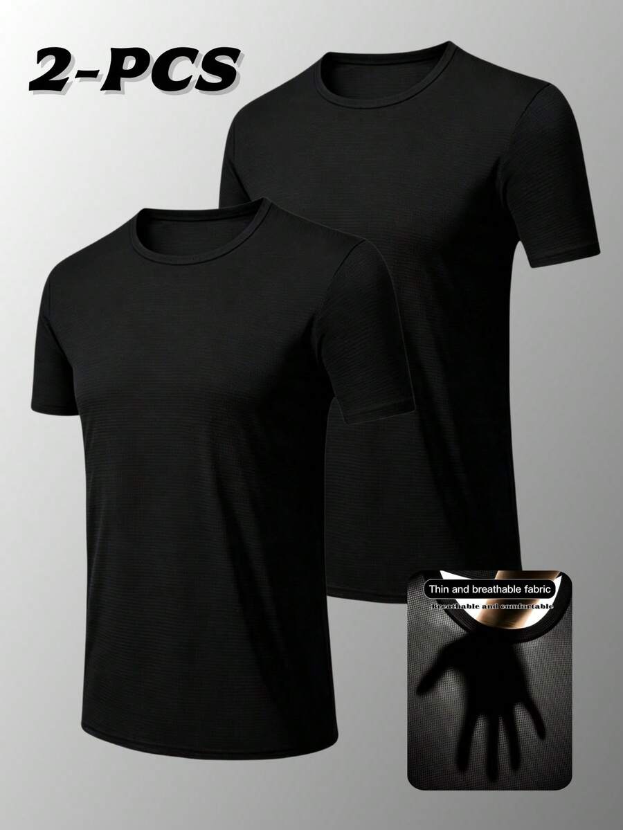 2pcs Men's Solid Color Crew Neck Short Sleeve Tops, Casual Fashion Home Wear For Spring, Summer, Autumn, Suitable For Casual Wear, Daily Activities, Fitness - Multicolor - View 1