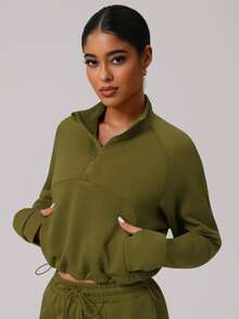 Sodalemon Women Half Zipper Solid Color Sweatshirt Pockets Drawstring Waist Casual Outdoor Workout Activewear Thumb Hole Running Sport Top - Olive Green - View 4
