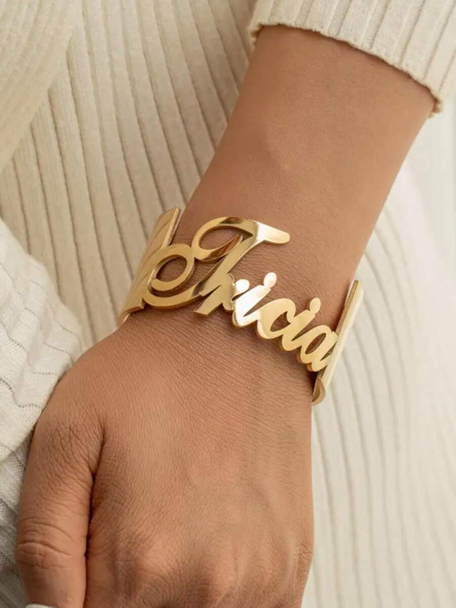 Custom Name Bracelet, Personalized Name Bracelet, Handmade Stainless Steel Wide Bracelet, Fashion Jewelry, Christmas Gift For Mom/Her - Multicolor - View 1