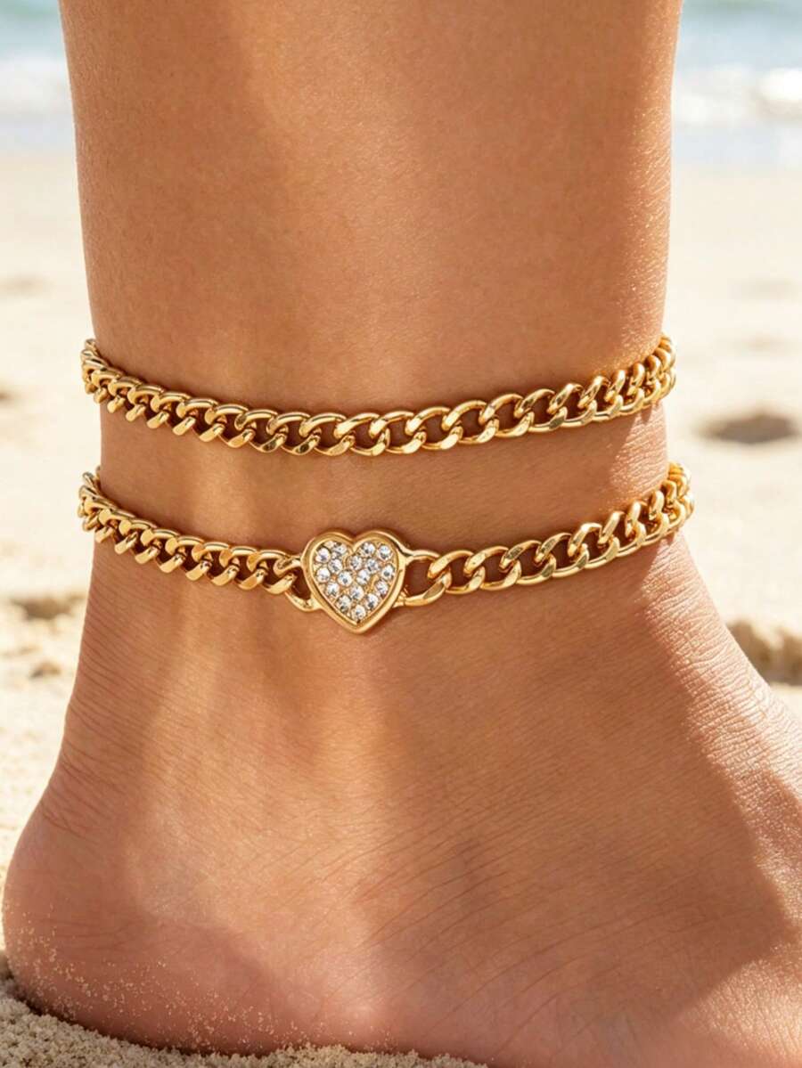 2 piezas Tobillera de cadena gruesa con corazón de estilo de playa metálico para mujeres (sin caja de regalo)