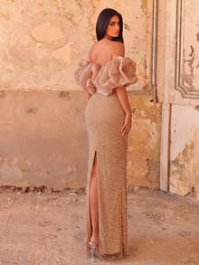 Faeriesty Elegante y Seductor Vestido de Noche Largo con Lentejuelas, con Diseño de Manga de Hombro Abierto con Volantes, Detalles de Cuentas y Acolchado en el Busto para Boda, Fiesta y Otoño - Caqui - Ver 2