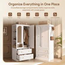 Armoire Wardrobe Closet With Full Length Mirror, 71 Inch Bedroom Wood Clothing Storage Cabinet W/ 2 Drawers, Hanging Rod & 3 Open Shelves, White - 1 - View 9