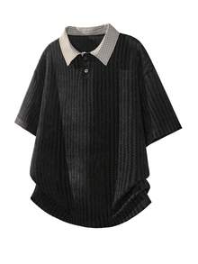 1 peça Camisa Polo Masculina com Patchwork em Padrão Pied-de-Poule, em Malha Fina, Corte Largo, Confortável, Respirável, Anti-Bolinhas, Estilo Vintage Maduro, Adequada para Deslocações Diárias, Encontros de Negócios e Outras Ocasiões - Preto - Ver 3