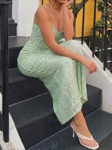 Đầm hai dây hở lưng lấp lánh, thắt nút, đính sequin lấp lánh, quyến rũ dành cho nữ - màu xanh lá - Xem 2