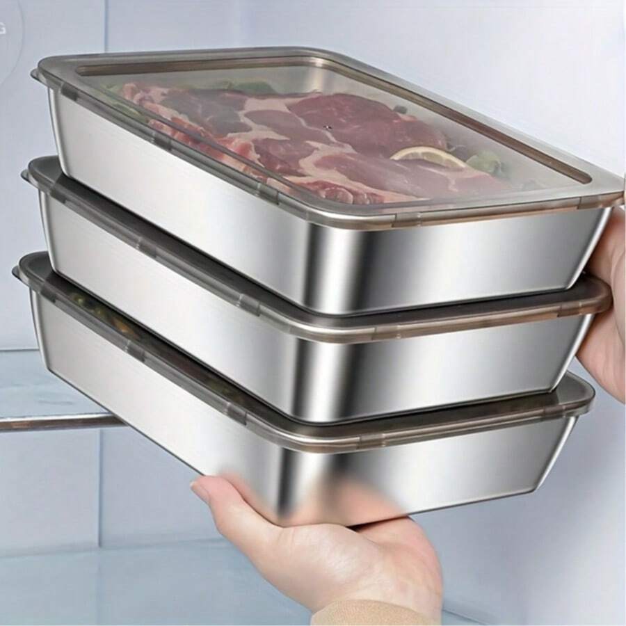 長方形不鏽鋼食品儲存盤，附透明防塵蓋，可重複使用、可堆疊、防滑金屬食品儲存盒，適用於冰箱，適合存放海鮮、蔬菜、水果和剩菜
