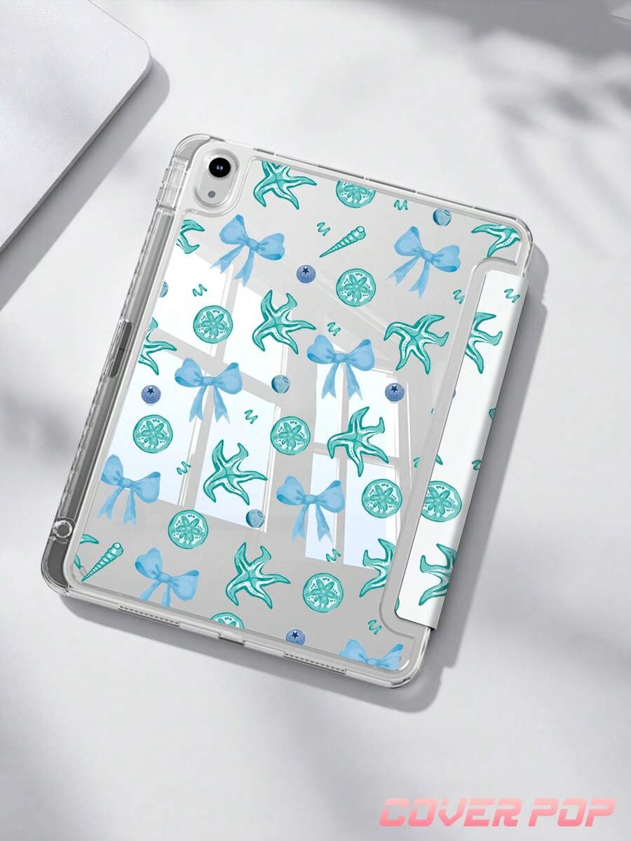 海洋元素與蝴蝶結雙面彩繪壓克力水晶保護殼，相容 iPad Air 8(M4)2026(11吋)、Air 8(M4)2026(13吋)、第10代、10.2/Mini 6/Mini 7/9.7 吋，相容 Galaxy Tab A9 Plus、3+Y 折疊平板，防彎曲，矽膠加固護角，自動喚醒/睡眠功能，內置筆槽，多角度折疊支架－完美日常保護，節日禮物