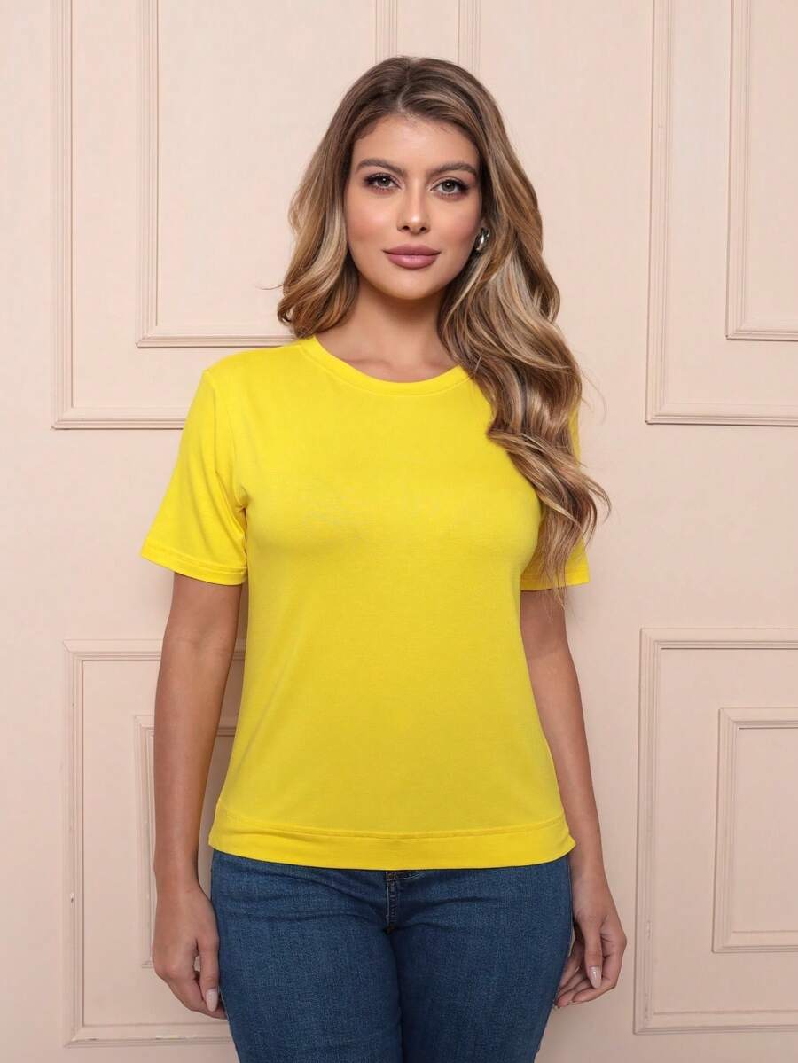 Dellamarca Women's Short Sleeve Blouse. Includes Free Necklace. Comfortable Fabric - 黃色 - 查看 1