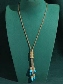 Vintage Copper Plated 18K Gold Bohemian Teardrop Pink Faux Crystal Turquoise Blue Pendant Rope Chain Necklace & Earrings Jewelry Set - Bronze - View 11