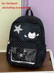 Fresh Polka Dot Cat Backpack, INS Style, Water-Resistant, Multi-Pocket, College Style Student School Bag, Water-Resistant And Durable Fabric, Large Capacity Daily Commute Backpack, 3D Embroidered Star Cat And Music Note Transparent Front Pocket, Wide Pressure-Relief Shoulder Straps For Long-Term Wear Without Shoulder Pressure, Layered Storage Compartments For Books, Tablets, Stationery, Side Pockets For Water Bottles And Umbrellas, Suitable For Students' Classes, Tutoring, Short Trips, Shopping, Back To School Season - Multicolor - View 13