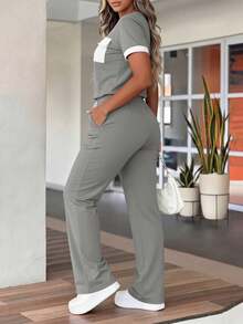 Women's Spring/Summer New Round Neck Short Sleeve T-Shirt And Casual Daily Elastic Waist Loose Long Pants 2-Piece Set, Fashionable Contrast Color Pocket Casual Home Sports Leisure Outfit - Grey - View 8