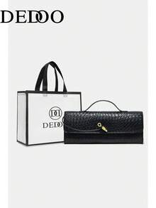 Dedoo 女款 PU 皮革編織紋理金色五金優雅手拿包，適合派對、婚禮、四季使用（附贈禮品袋） - 黑色 - 查看 10