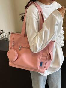 Bolso tote de tela negro liso para mujer, bolso de hombro con monedero redondo desmontable, múltiples bolsillos, bolso casual para compras diarias, escuela y desplazamientos - Multicolor - Ver 9