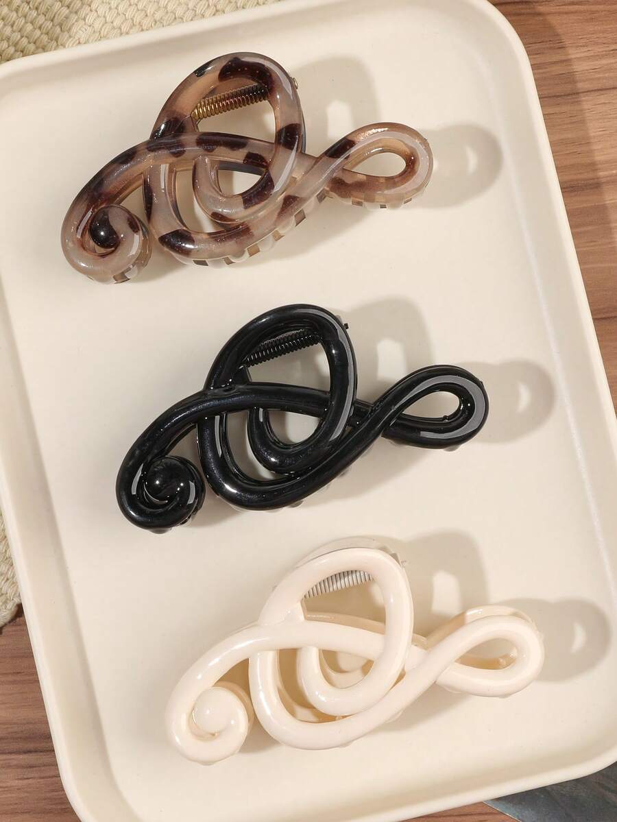 3入咖啡色亮面豹紋音符髮夾,高頂後腦勺髮髻半紮馬尾造型夾,溫柔極簡優雅,適合日常通勤、度假、野餐的髮飾 - 3件組-咖色系 - 查看 1