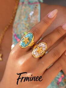 Frminee 2pcs/1pc Women's Gold Stainless Steel Starfish Open Ring, Oval Shell Statement Ring, Waterproof Ocean Beach Jewelry - Multicolor - View 1