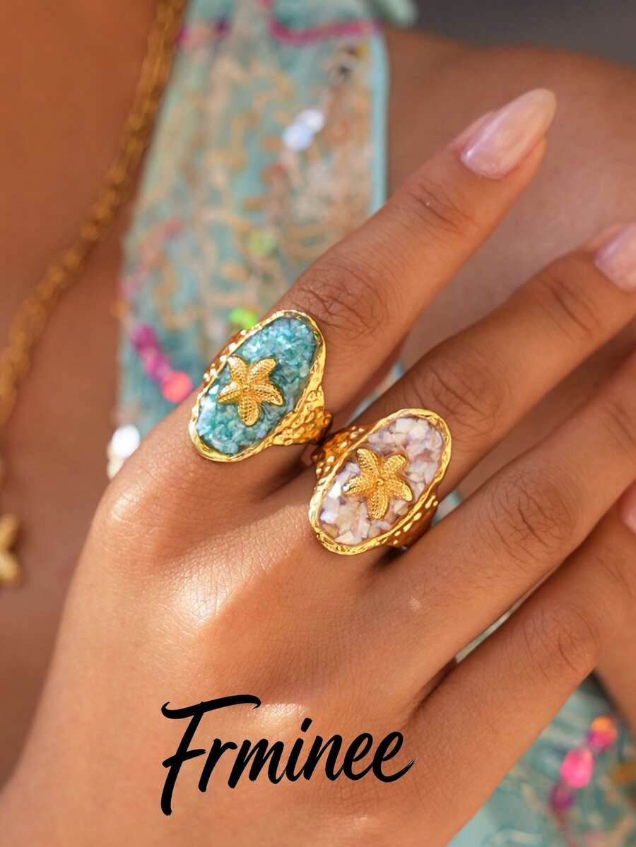 Frminee 2pcs/1pc Women's Gold Stainless Steel Starfish Open Ring, Oval Shell Statement Ring, Waterproof Ocean Beach Jewelry - Multicolor - View 1