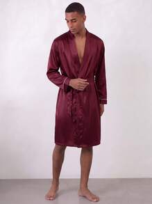 Snug League Men's Satin Long Sleeved Simple Casual Solid Color Robe, For Fall, Winter - Burgundy - View 2