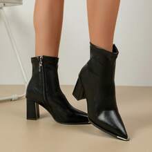 Women's Metal Pointed Toe Chunky Heel Ankle Boots With Side Zipper, Leg-Lengthening High Heel Boots For Autumn/Winter - Black - View 8