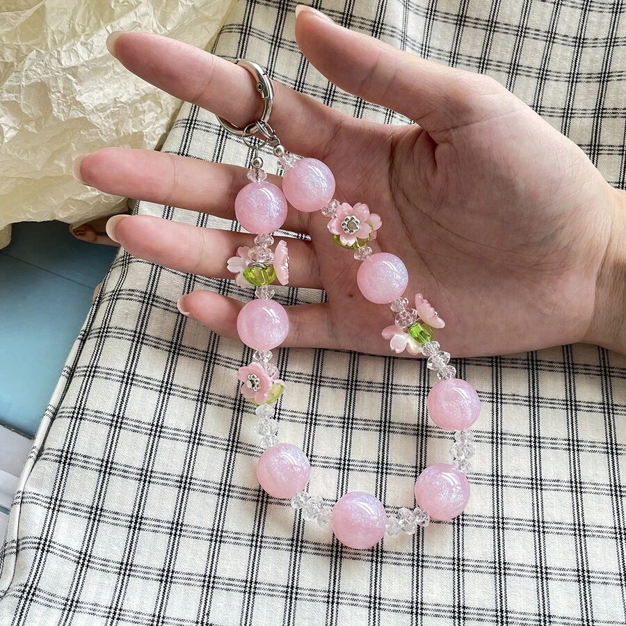 桃色閃亮亮片串珠鏈條奢華高端水晶手機掛繩手機殼吊飾掛飾 Ins 風格手腕串珠飾品 DIY 裝飾鏈 CCD 相機背帶鑰匙圈吊飾 - 粉紅色閃粉串珠花朵 - 查看 1