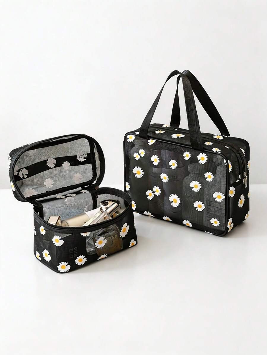 Daisy Print Mesh Makeup Bag, Portable Zippered Handheld Cosmetic Storage Pouch, Travel Toiletry Organizer Bag - Black - View 1